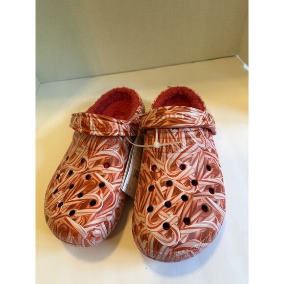 CROCS Shoes - Crocs Classic Lined Candy Cane Clog Shoes Womens Size 6 7 Holiday Fleece Slipper